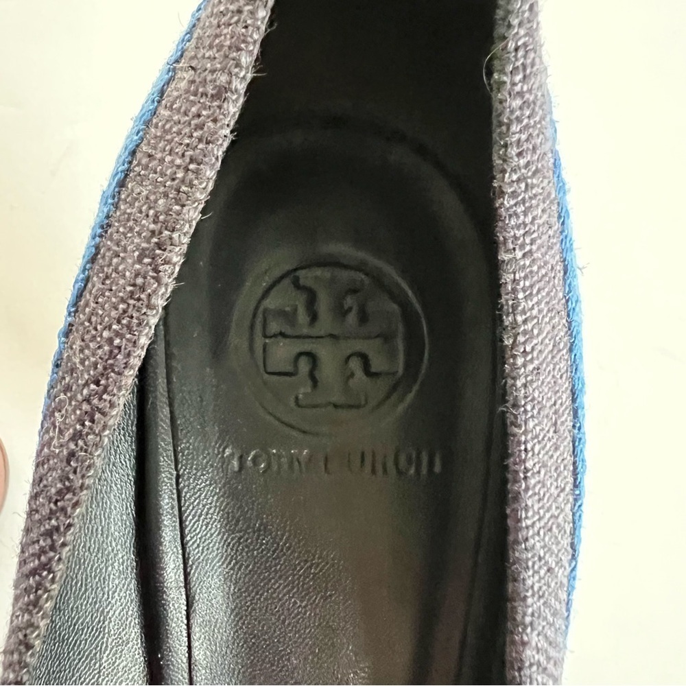 Tory Burch Joelle Blue Striped Wood Platform Wood Heel Fabric Pumps - Picture 7 of 15
